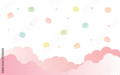 雲と散りばめられたマカロンの背景