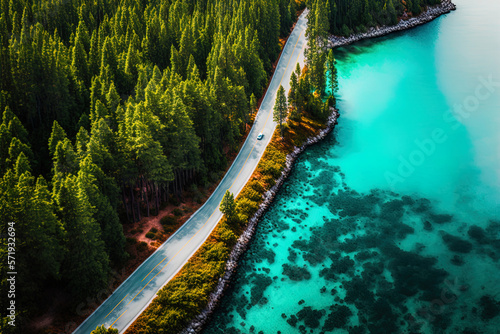 Blue lake in the middle of a green forest, highway in the forest, top view, aerial photography. AI