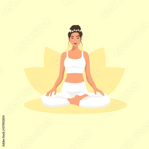 Female cartoon character sitting in lotus posture and meditating. Girl with crossed legs. Colorful flat vector illustration. (ID: 571932854)