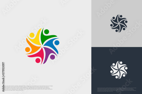 abstract global crown people colorful logo minimalist style illustration. Teamwork symbol.
