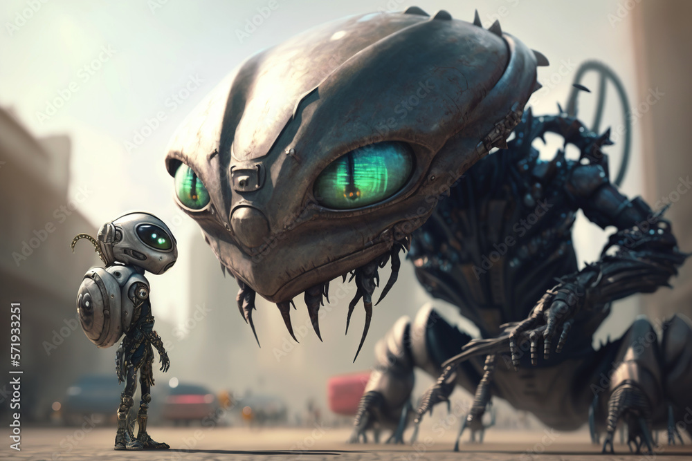 Surreal image of a mother robot and a child standing together. Generative AI Surreal image of a mother robot and a child standing together. Generative AI