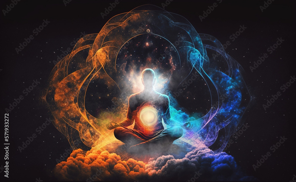 Enlightenment trough meditation. Spiritual awakening tantric meditation. Generative AI - obrazy, fototapety, plakaty 