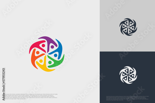 abstract global crown people colorful logo minimalist style illustration. Teamwork symbol.