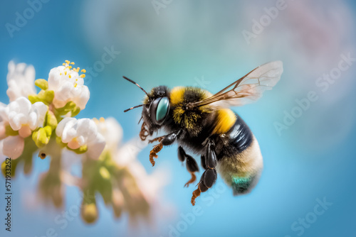 Flying bumblebee in spring on tree blossom. Close up of bumble bee collecting pollen and nectar from blossom flowers. generative AI 