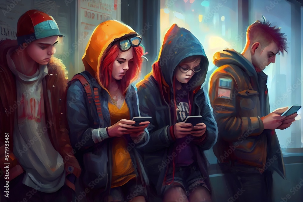 Social dependency. Gadgets and people. teenagers spend time on the phone. Society immersed in gadgets. Group of people all checking their phones at once. Generative AI