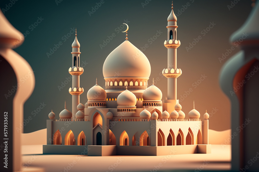 Obraz premium White Mosque with sunlight, islamic background, generative ai
