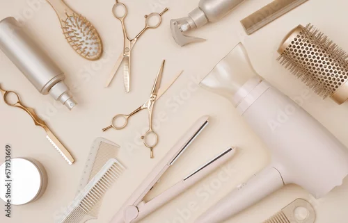 Obraz Various hairdresser tools flat lay on pink background top view