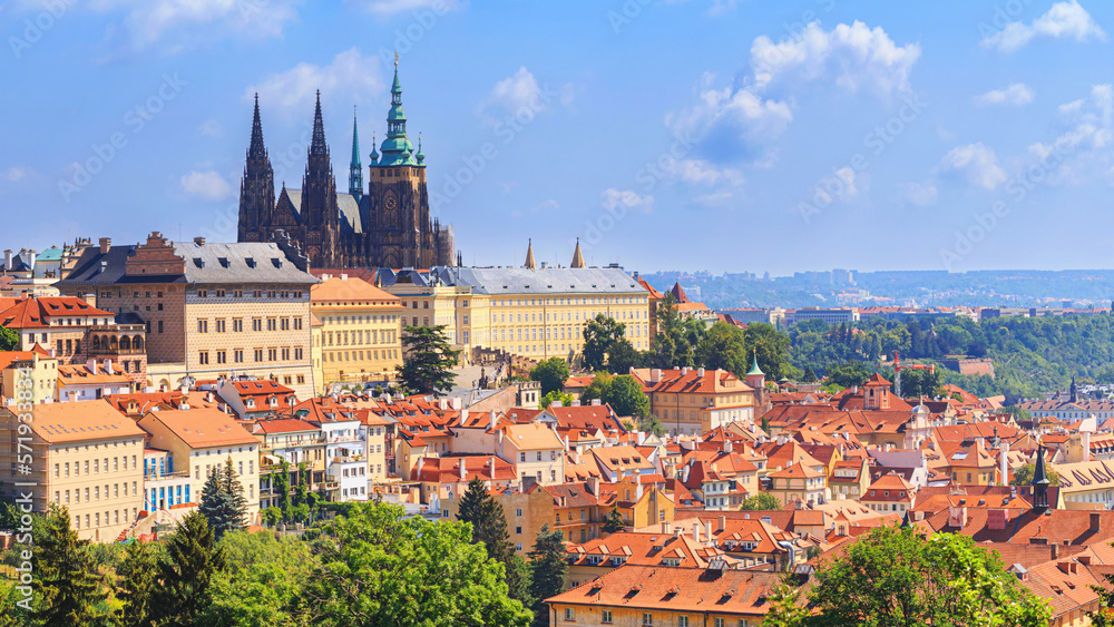 Summer cityscape, panorama, banner - view of the Mala Strana historical district and castle complex Prague Castle, Czech Republic