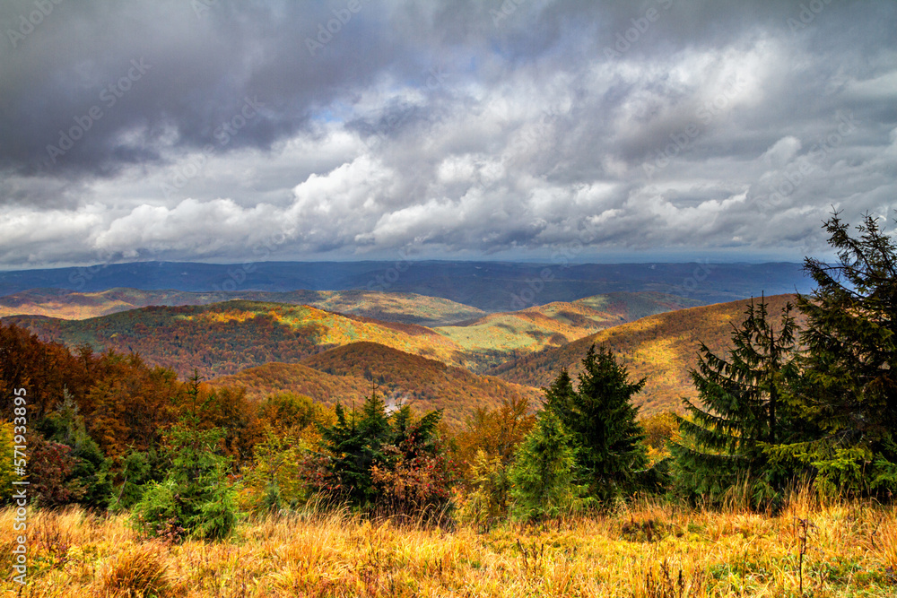 Autumn landscape - view of the mountains covered with forest under the autumn sun in the Carpathians, Ukraine Autumn landscape - view of the mountains covered with forest under the autumn sun in the Carpathians, Ukraine