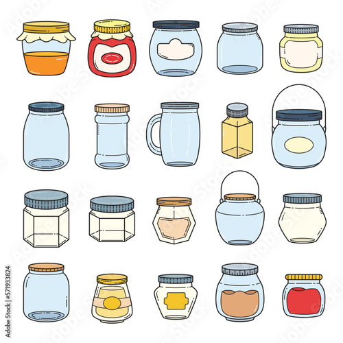 Set of vector outline doodle hand drawn jars and containers for foodisolated over white background