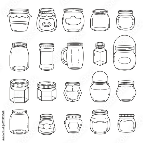 Photographie Set of vector outline doodle hand drawn jars and containers for foodisolated ove