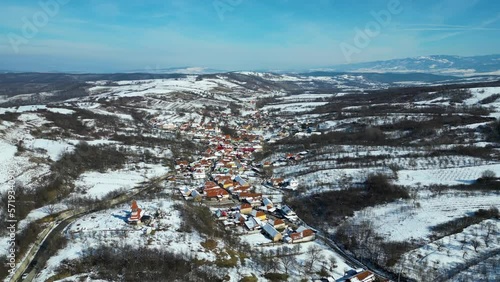  Silvasu de Sus village, Hateg, Romania, Europe. Drone footage. photo