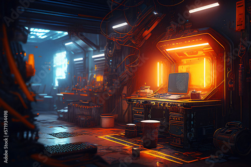 Futuristic Robot Workshop with Neon Lights in Dystopian Style,  Cyberpunk city, generative ai illustration [Sci-Fi Fantasy Horror Background, Game, Graphic Novel, or Postcard Image]