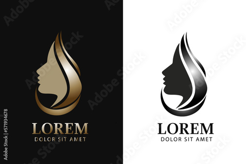 Beauty face's woman and hair logo design with creative drop concept for brand of hair care, shampoo and salon ,premium vector