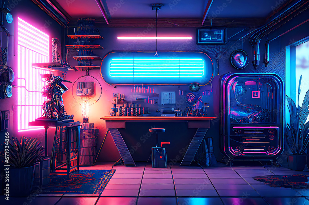Futuristic Robot Workshop with Neon Lights in Dystopian Style ...