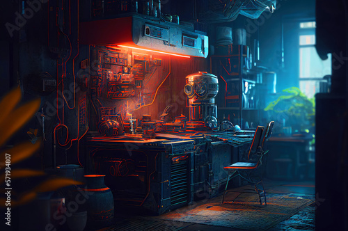 Futuristic Robot Workshop with Neon Lights in Dystopian Style,  Cyberpunk city, generative ai illustration [Sci-Fi Fantasy Horror Background, Game, Graphic Novel, or Postcard Image] © BigMindOutfit