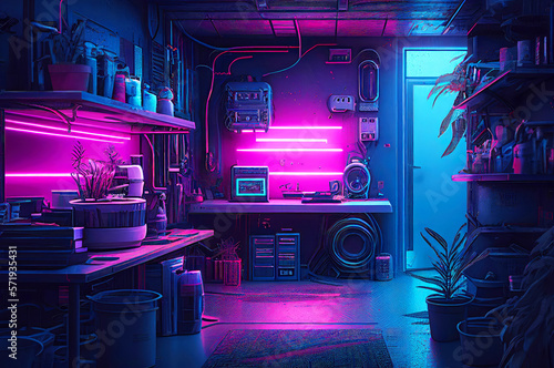 Futuristic Robot Workshop with Neon Lights in Dystopian Style,  Cyberpunk city, generative ai illustration [Sci-Fi Fantasy Horror Background, Game, Graphic Novel, or Postcard Image] © BigMindOutfit