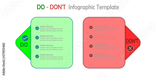 Infographic, List of Do vs Don't on white background. Checked and cross symbol. Green vs red sign.