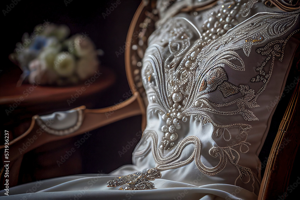 Luxury wedding lace dress in the classic interior of the hotel, ai generative Luxury wedding lace dress in the classic interior of the hotel, ai generative
