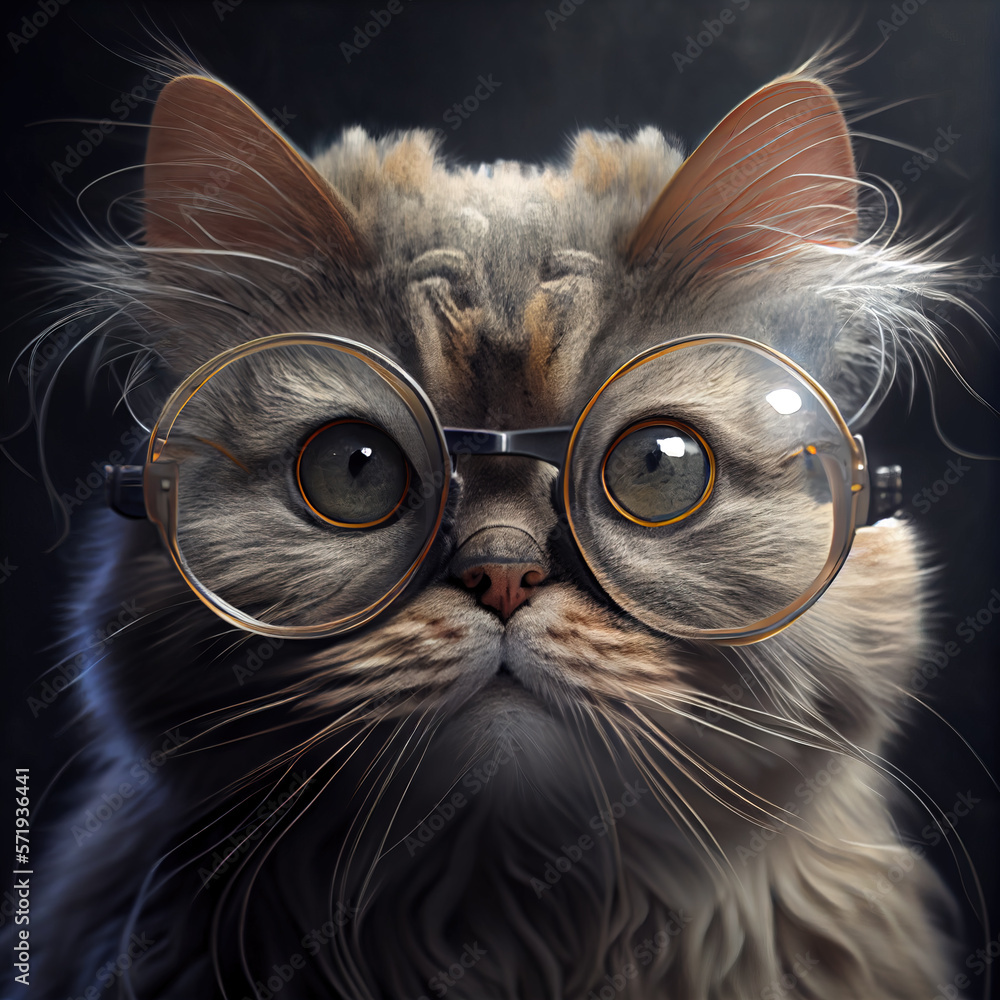 Fototapeta premium portrait of a cat with glasses, cat scientist closeup