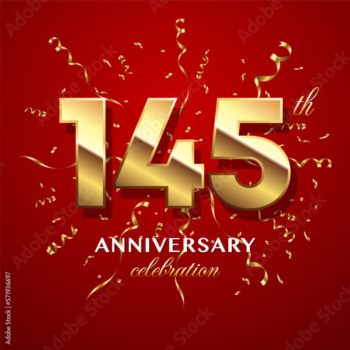 145th Anniversary Celebration. logo design with golden numbers and text for birthday celebration event, invitation, wedding, greeting card, banner, poster, flyer, brochure. Logo Vector Template photo