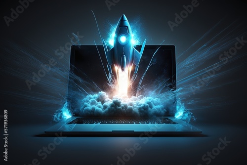 Digital illustration of rocket and laptop, background with blue neon light. Generative AI photo