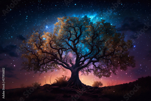 Magnificent big tree, glittering fruit, magnificent landscape, sparkling starry sky. Generative AI
