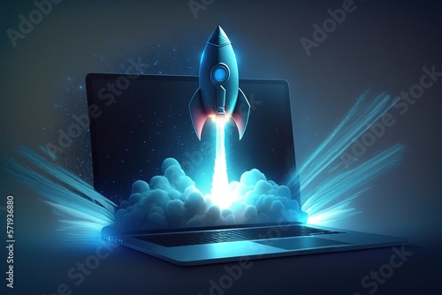 Digital illustration of rocket and laptop, background with blue neon light. Generative AI photo