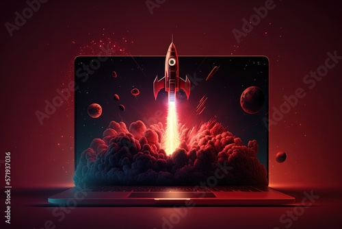 Digital illustration of rocket and laptop, background with red neon light. Generative AI photo