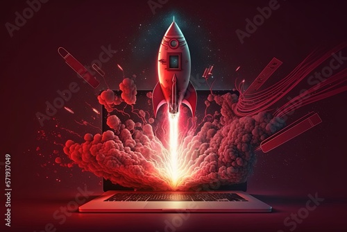 Digital illustration of rocket and laptop, background with red neon light. Generative AI
