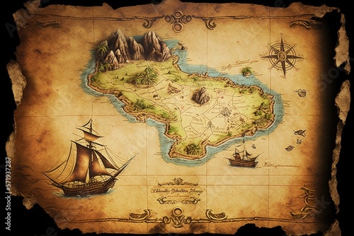 Pirate treasure map with ship and sea. Generative AI photo