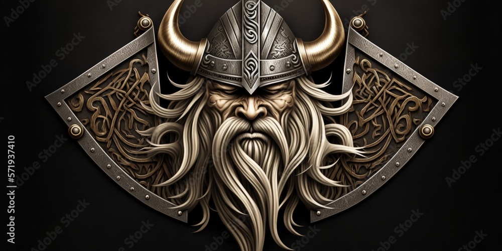 Viking coat of arms with adornments made of copper, helmet with horns, background. Generative AI