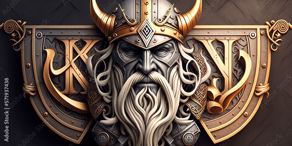 Viking coat of arms with adornments made of copper, helmet with horns, background. Generative AI