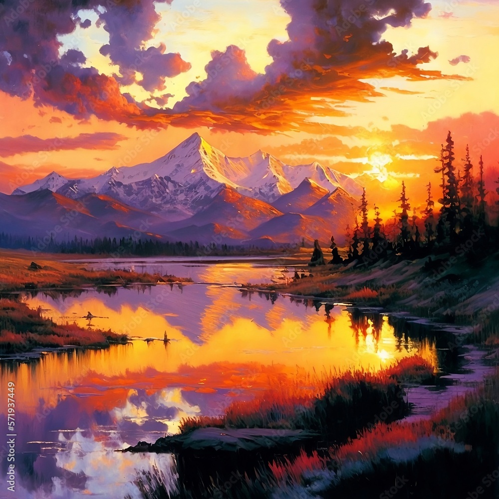 Golden, sun-kissed horizon melting into a fiery, Summer tangerine sky; soft, billowing clouds painted in delicate shades of pink and lavender, rolling hills blanketed with snow peaks