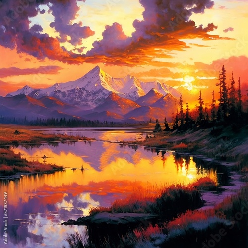 Golden, sun-kissed horizon melting into a fiery, Summer tangerine sky  soft, billowing clouds painted in delicate shades of pink and lavender, rolling hills blanketed with snow peaks © Steve