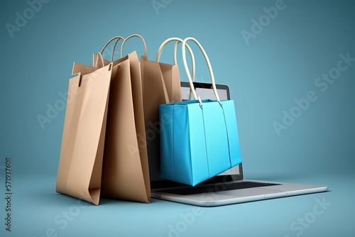 Laptop and shopping bags illustration, blue background. Generative AI