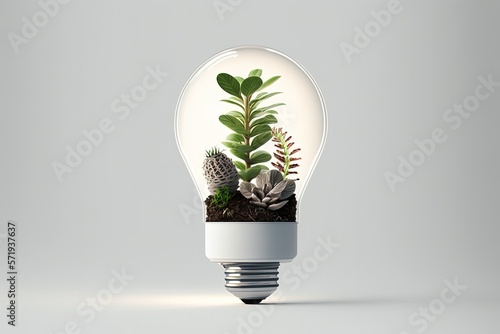 Light bulb with little plants inside, white background. Generative AI