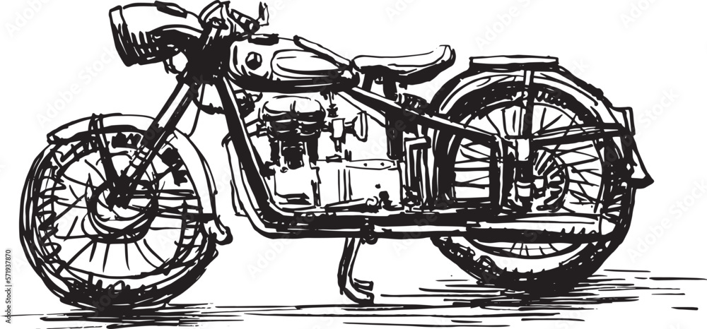 Motorbike drawing. Sketch hand drawn by black ink