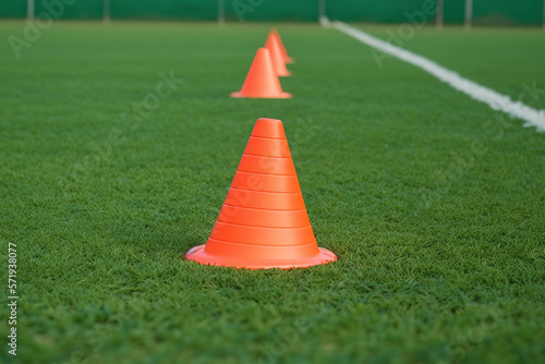 Football training cone aligned on artificial grass pitch, ready for dribbling and movement training. Generative Ai image.