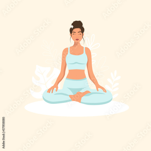 Female cartoon character sitting in lotus posture and meditating. Girl with crossed legs. Colorful flat vector illustration with plants. Faceless poster of young pretty woman for yoga center. (ID: 571938080)