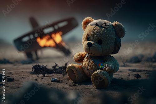 Toy bear sits background burning car accident. Concept terrorist attack, war bomb, children died. Generation AI