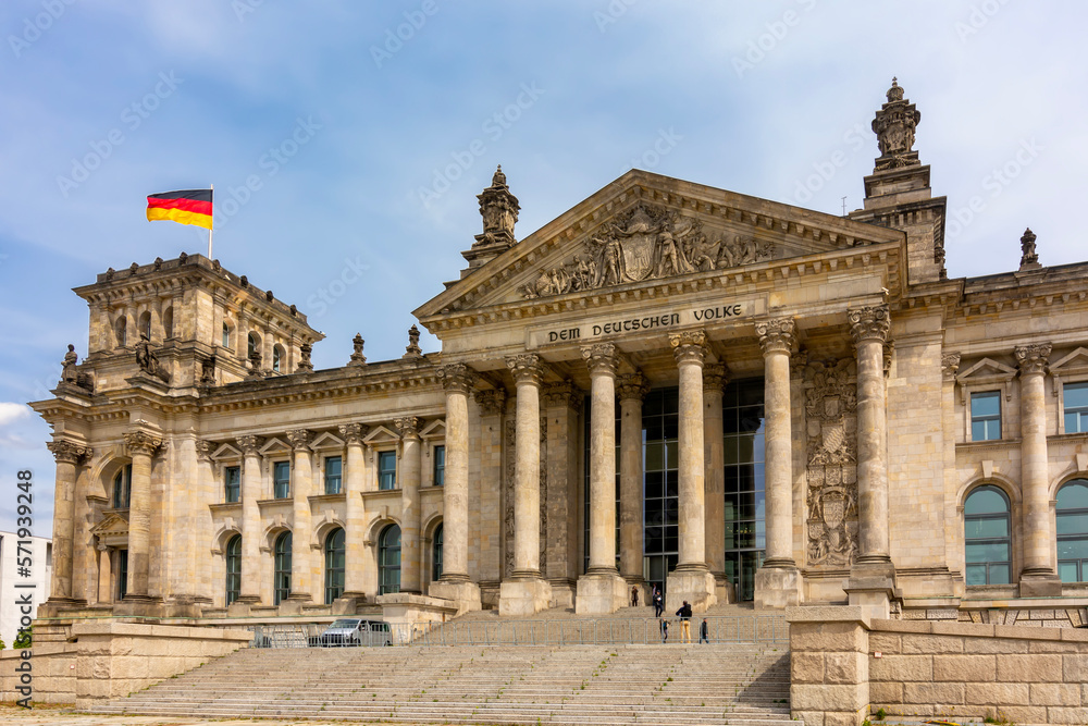 Obraz premium Reichstag building (Bundestag - parliament of Germany) in Berlin with inscription 
