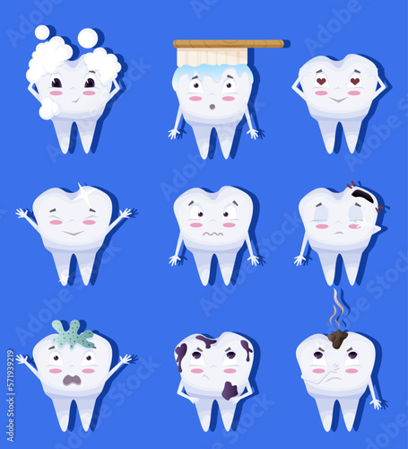 Cute tooth characters set in cartoon style. Teeth with different emotions set for label design. Vector illustration EPS10
