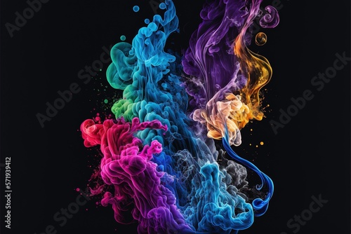 Colourful smoke trails floating on black background, created using generative ai technology