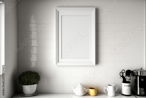 Kitchen with blank photoframe on wall with copy space  created using generative ai technology