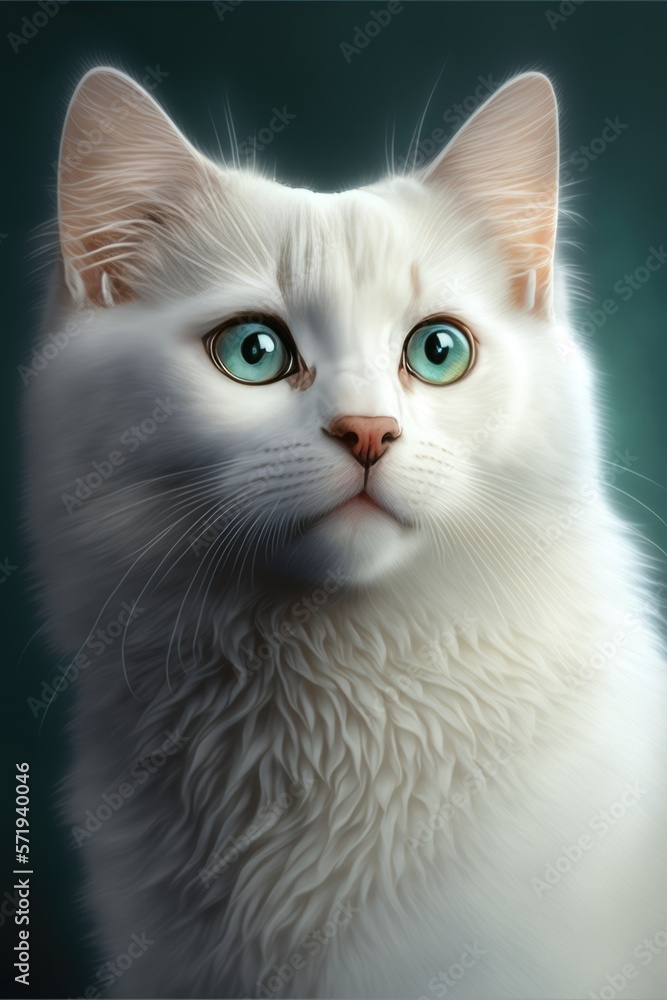 Close up of white cat with green eyes, created using generative ai technology