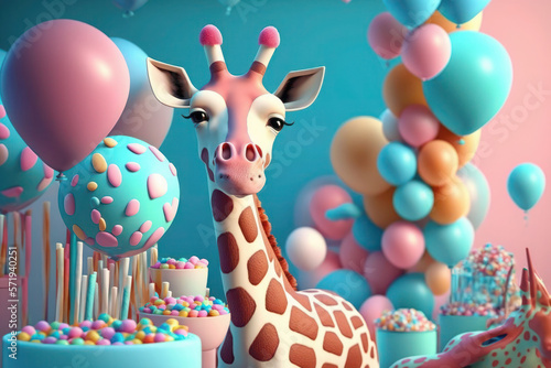 cute giraffe celebrates birthday. Lion Cub sits near balloons and a cake with candles. ai generative