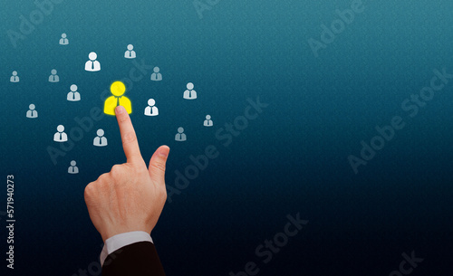 HRM or Human Resource Management, businessman hand point to manager icon which is among staff icons for human development recruitment leadership and customer target group concept.