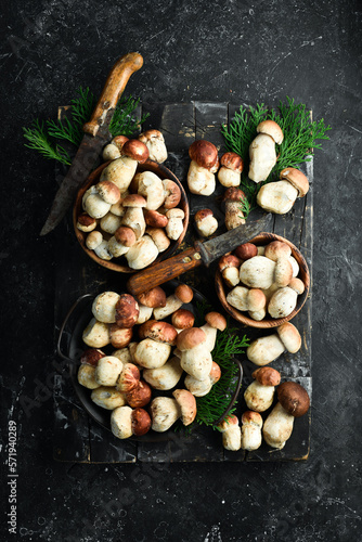 Autumn Cep Porcini Mushrooms. White mushroom on a black stone table. Top view. Organic food.
