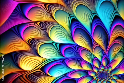 Colourful and psychedelic shapes on black background  created using generative ai technology